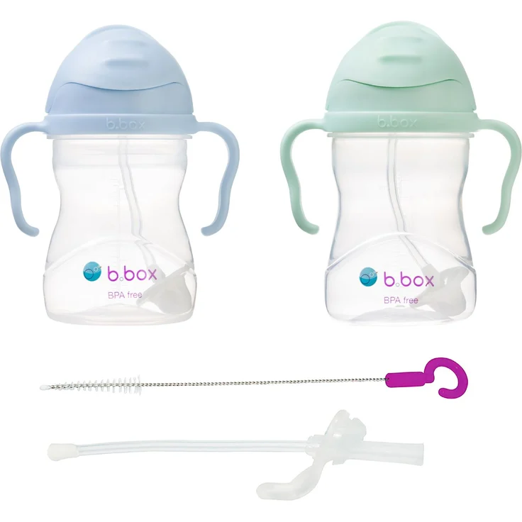 b.box Trinklernbecher 2er Pack mit Ersatzstrohhalme und Reinigungsbürste | Flip-Top, Schwerer Strohhalm, Griff, Auslaufsicher | BPA-Frei & für Spülmaschine | Ab 6 M | 2 x 240 ml