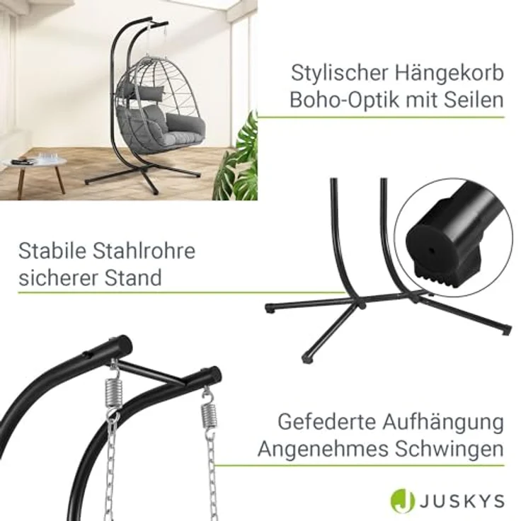Juskys Doppelhängesessel Aria - Polyrattan Hängesessel mit Gestell & Kissen - Schaukel für zwei Personen - Outdoor Indoor Sessel - XXL Korb Grau – Bild 5