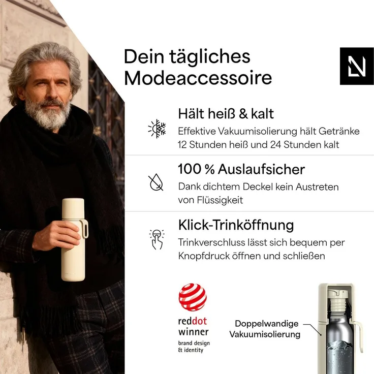 LARS NYSØM Thermoflasche Lune, Thermosfl. mit Becher & Trageschalufe: 12h warm / 24h kühl