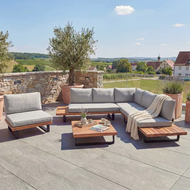 Garten-Garnitur mit Sessel HWC-H54, Lounge-Set Sofa, Spun Poly Akazie Holz FSC® Aluminium ~ hellbraun, Polster hellgrau