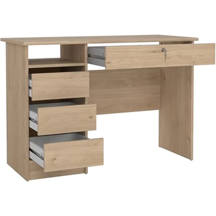 Tvilum Computertisch, Bürotisch, Schreibtisch, mit 1 Ablagen, 4 Schubladen, für Büro, Wohnzimmer, moderner Stil, Natureiche – Bild 6