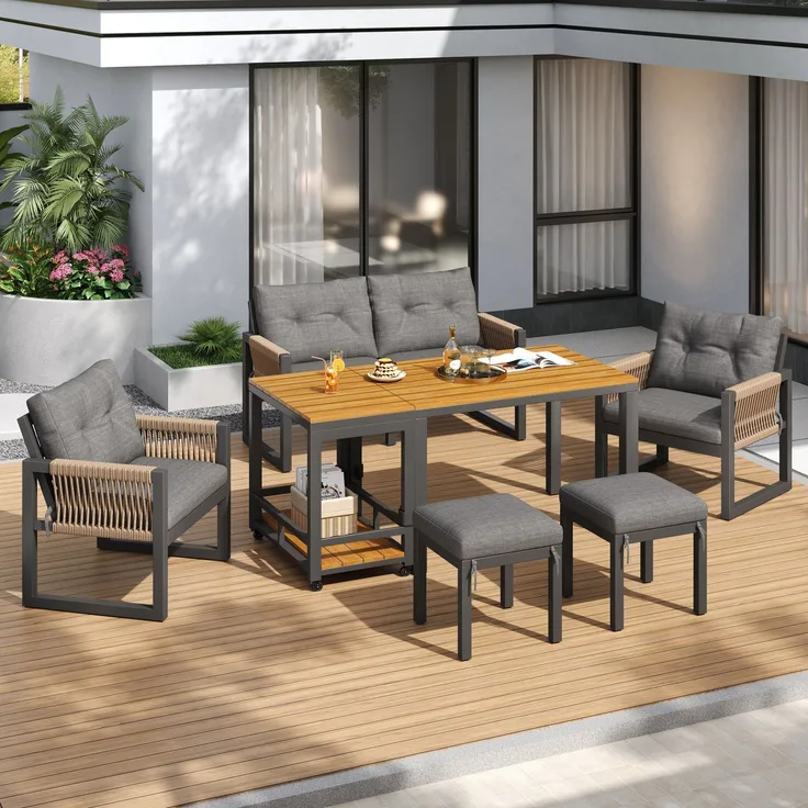 LVHOM 7-tlg. Gartenmöbel-Set, Lounge-Set für 6–7 Personen, wetterfeste Sitzgruppe inkl. Esstisch und abnehmbarem Servierwagen mit Stauraum, Grau/Eiche