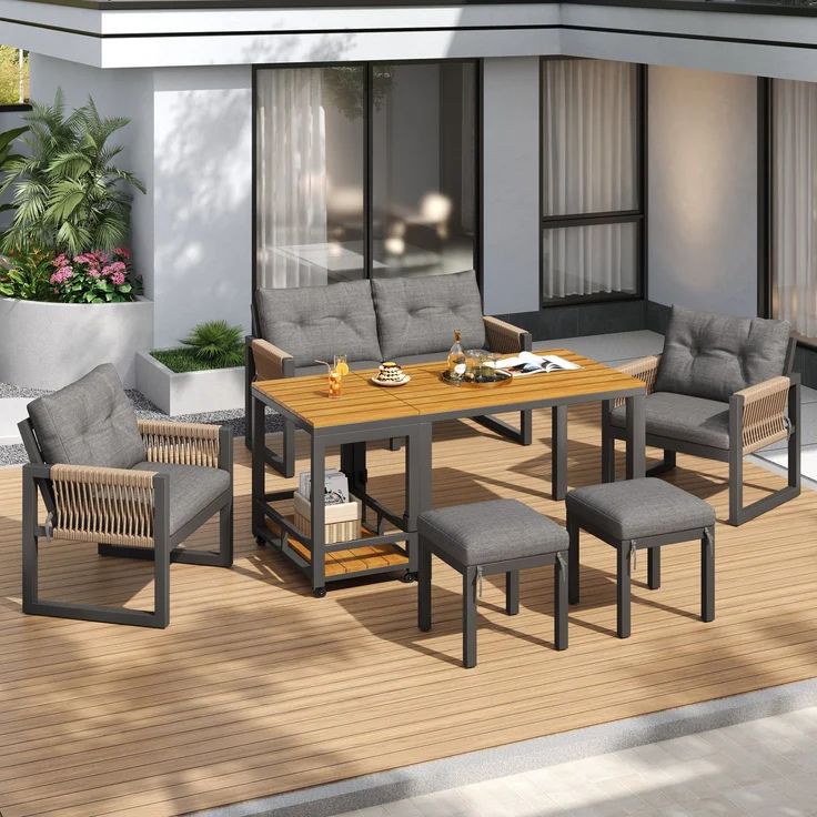 LVHOM 7-tlg. Gartenmöbel-Set, Lounge-Set für 6–7 Personen, wetterfeste Sitzgruppe inkl. Esstisch und abnehmbarem Servierwagen mit Stauraum, Grau/Eiche – Bild 1