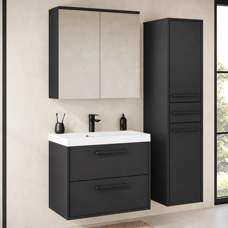Badmöbel Komplettset Florence 60 x 35 cm Schwarz Matt - Badezimmermöbel mit Waschbecken, Spiegel und Badezimmerschrank – Bild 2