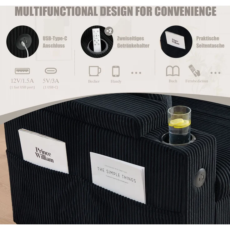 EINHOM Moderne 3-Personen Cordsofa mit Stauraum, Getränkehaltern und USB-C. hydraulischer Chaiselongue und Schubladenbett – Stilvolles Design trifft Komfort, Flexibilität und wohnliche Atmosphäre – Bild 6