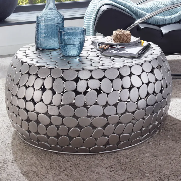 Couchtisch Metall Silber 66 x 66 x 32 cm Sofatisch Aluminium | Design Wohnzimmertisch Rund | Kleiner Kaffeetisch Modern | Beistelltisch Anstelltisch Wohnzimmer