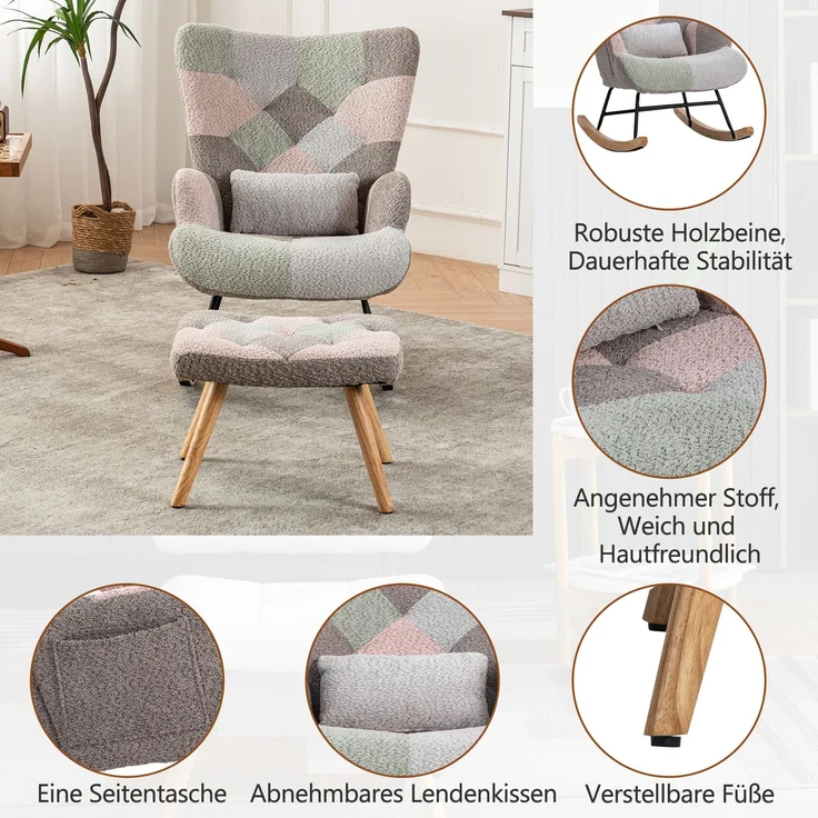 Merax Bequemer bunter Schaukelstuhl, inklusive 1 Fußstütze (49*38*37 cm) und 1 Lendenkissen, stabiles Gestell aus Gummibaumholz, mehrfarbiges Design, Loungesessel – Bild 8