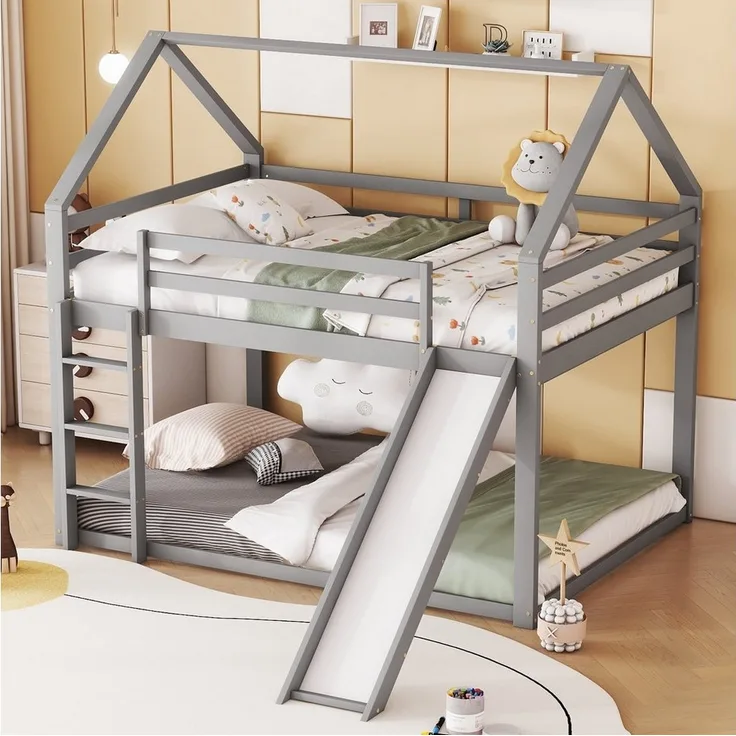 Ulife Etagenbett Doppelbett Kinderbett, Hausform mit Sicherheitszaun, 140x200cm (Ohne Matratze), Hausbett mit Rutsche und Leiter, 140x200cm