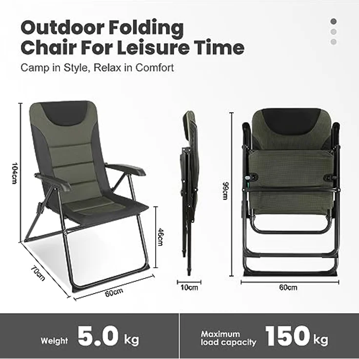 HOMECALL Campingstuhl Gartenstuhl Anglerstuhl Faltsessel Klappstuhl für Wohnwagen Outdoors, 5 fach Verstellbarer Rückenlehne, Hochlehner, Gepolsterter, bis 150kg – Bild 4