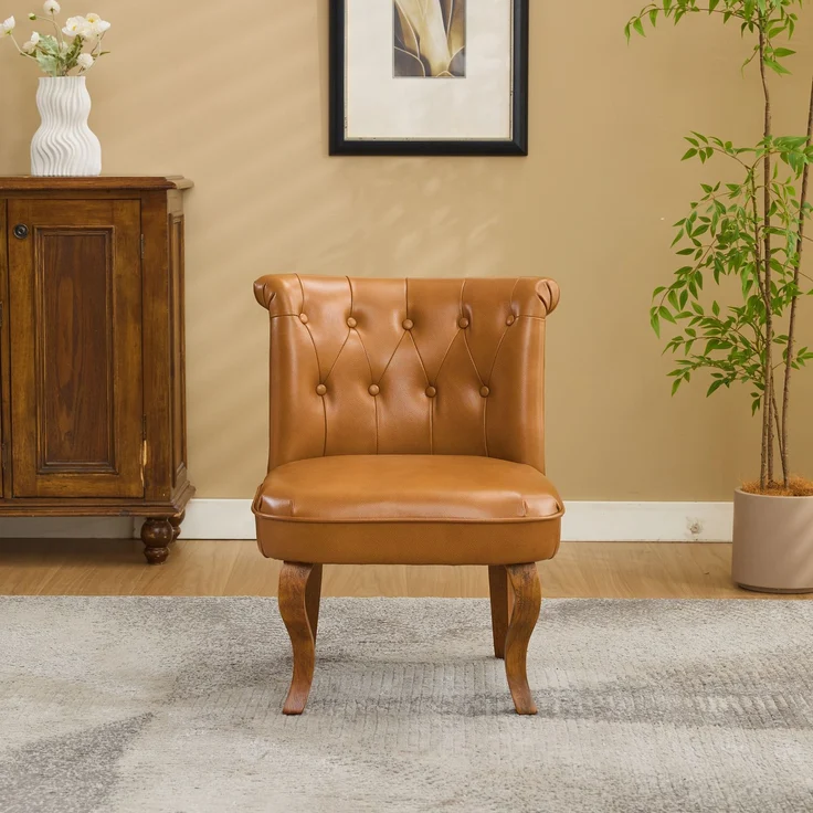 Echtleder Sessel,Loungesessel Wohnzimmer,Kautschukholz Massivholz,Einzelstuhl,Pull-Point Knöpfe, Esszimmerstuhl,bis 150 kg,Hellbraun – Bild 2