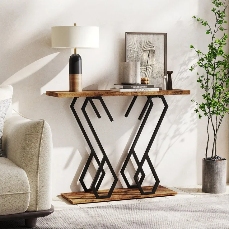 COSTWAY Konsolentisch, Marmor schmal, Metallrahmen in Schmetterlingsform Gold