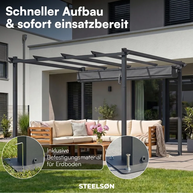 STEELSØN 'Xyriela' Pergola mit Schiebedach, 3x3m, Aluminium, anthrazit/grau, Gartenpavillon, wetterfest, Pavillon mit freistehender Terrassenüberdachung – Bild 7