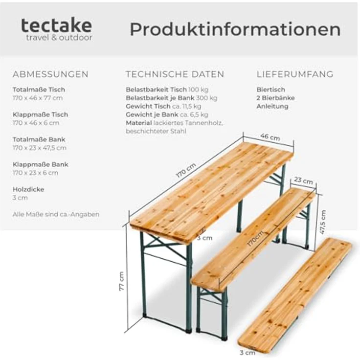 tectake® Bierzeltgarnitur klappbar, Biertisch Klapptisch mit 2X Bierbank, Gartenmöbel Set, Camping Zubehör, Klapptisch Esstisch, Camping Tisch faltbar, Balkontisch, Campingtisch klappbar – Bild 7