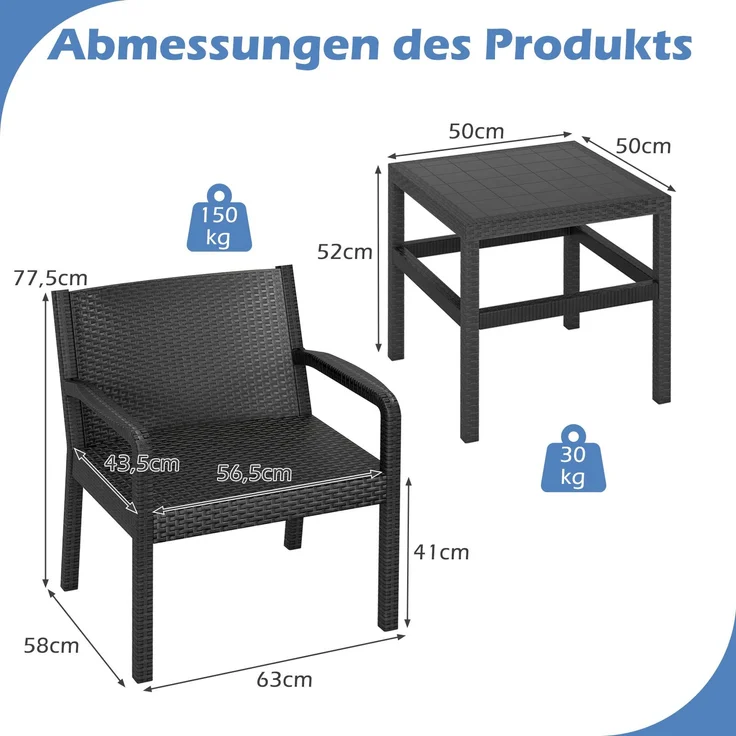 3tlg. Rattan Gartenmöbel Set Wetterfestes Balkonmöbel Balkonset inkl. 2 Stühle mit Tisch Schwarz – Bild 2