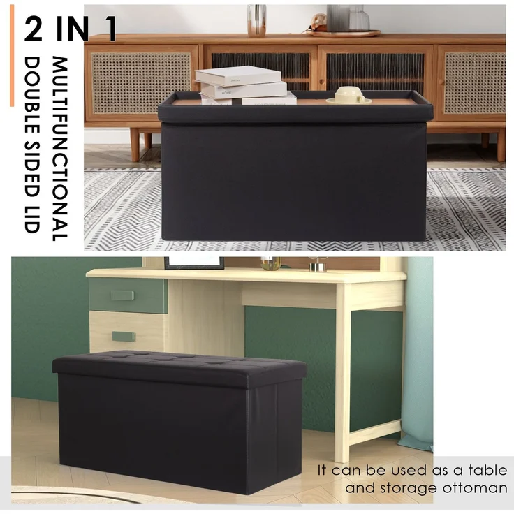 Todeco Sitzbank mit Stauraum Sitztruhe, Aufbewahrungstruhe mit 2 in 1 Deckel, Fußhocker faltbar aus Kunstleder, Sitzhocker 80 Liter für Wohnzimmer Essenzimmer Schlafzimmer, Schwarz – Bild 3