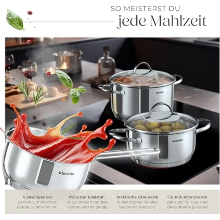 tectake Topf-Set Kochtopfset, Edelstahl, 7-teilig, aus Edelstahl, für Induktion geeignet – Bild 6