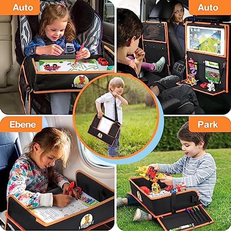 lenbest Doppelfunktion Kinder Reisetisch, Knietablett Reisetisch（Auto Rückenlehnenschutz） mit Transparenter Zeichnungsfilm, 5 Zeichnungsplatten und 6 Farbpens - Schwarzes/Orange – Bild 8