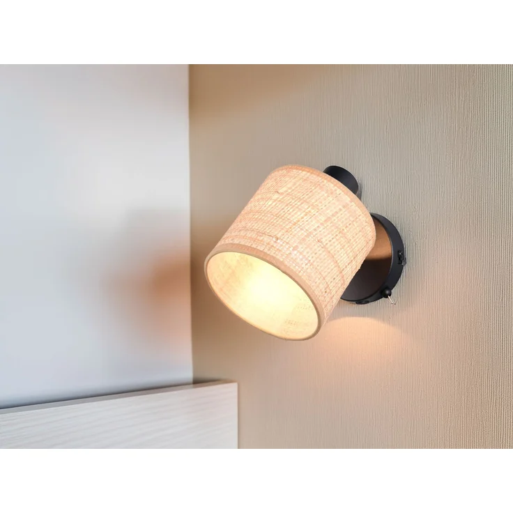 Wandstrahler AIMEE mit Schalter & Bast Lampenschirm, Breite 13cm – Bild 1