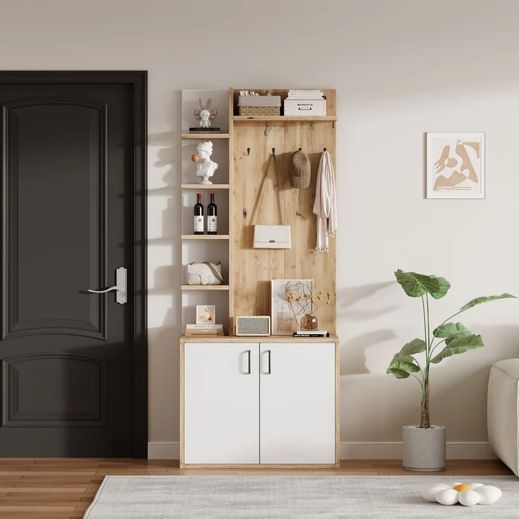75*33*180cm Garderobenständer mit Garderobe, Schuhaufbewahrung, Flurausstattung mit Kleiderhaken, Flurschrank mit 5-lagiger Stauraumeinteilung und Stauraumschränken, Original Holzfarbe + weißes – Bild 2