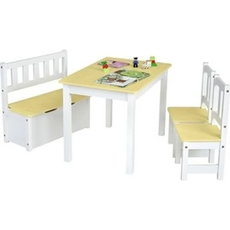 COSTWAY 4 teiliges Kindersitzgruppe Holz, Kindertisch Stühlen Sitzbank mit Stauraum, Sitzgruppe Kinder, Kindertischgruppe, Kindermöbel Kindersitzgarnitur (Natur) – Bild 6