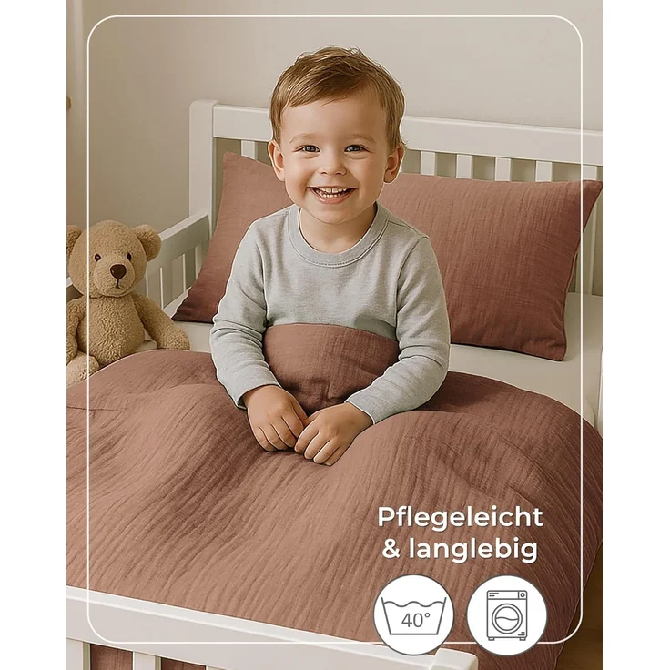 Laynenburg Kinderbettwäsche Musselin 2 teilig aus 100% Baumwolle in 100x135 cm + 40x60 cm, atmungsaktiv & bügelfrei – 3 lagig mit Reißverschluss & Haltebändern – Bild 7