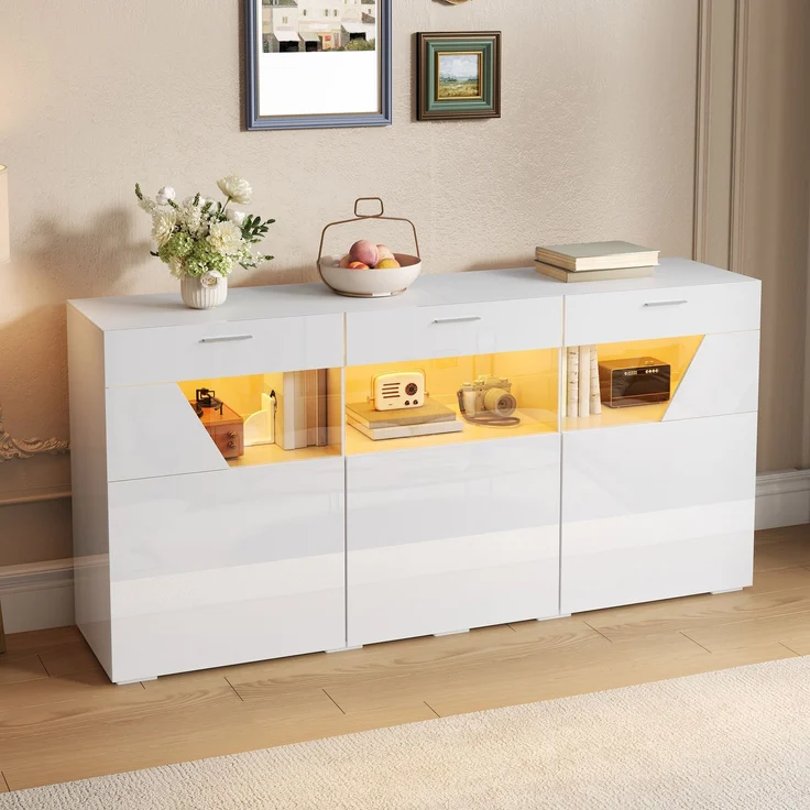 ZUBALIYA Sideboard 160x38x78 cm, mit LED-Beleuchtung, Hochglanz, mit 3 Türen, aus Spanplatte, Weiß – Bild 10