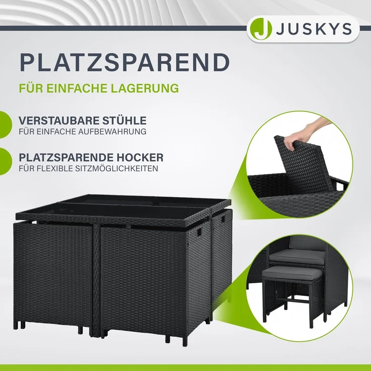 Juskys Polyrattan Sitzgruppe Baracoa L 9-teilig wetterfest & stapelbar – Gartenmöbel Set mit 4 Stühle, 4 Hocker & Tisch für Garten & Terrasse – Bild 4