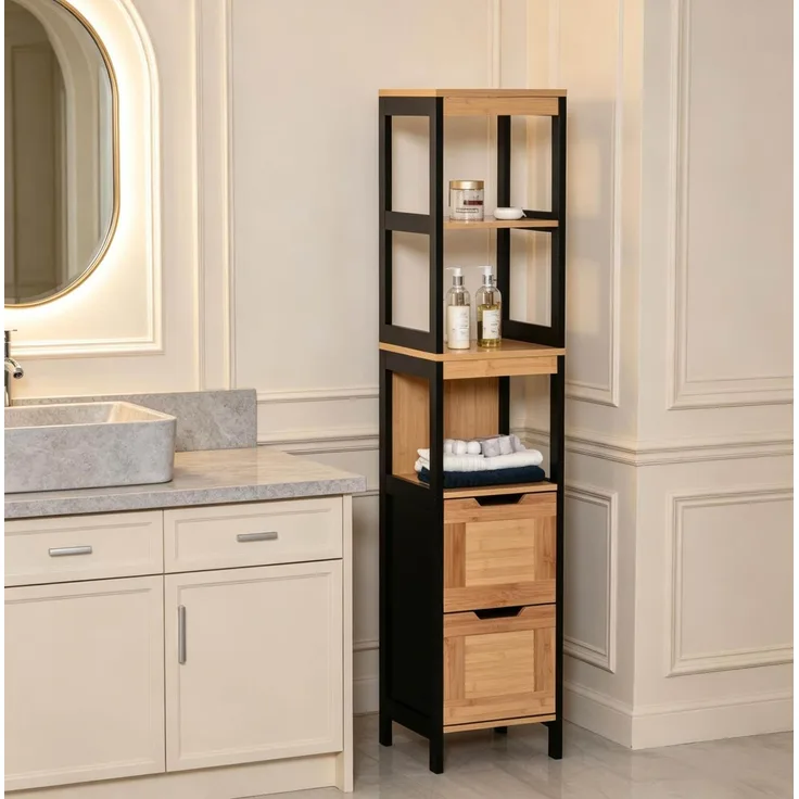 Badregal 30 x 30 x 144,3 cm aus Bambus und MDF mit 3 Ablagen und 2 Schubladen