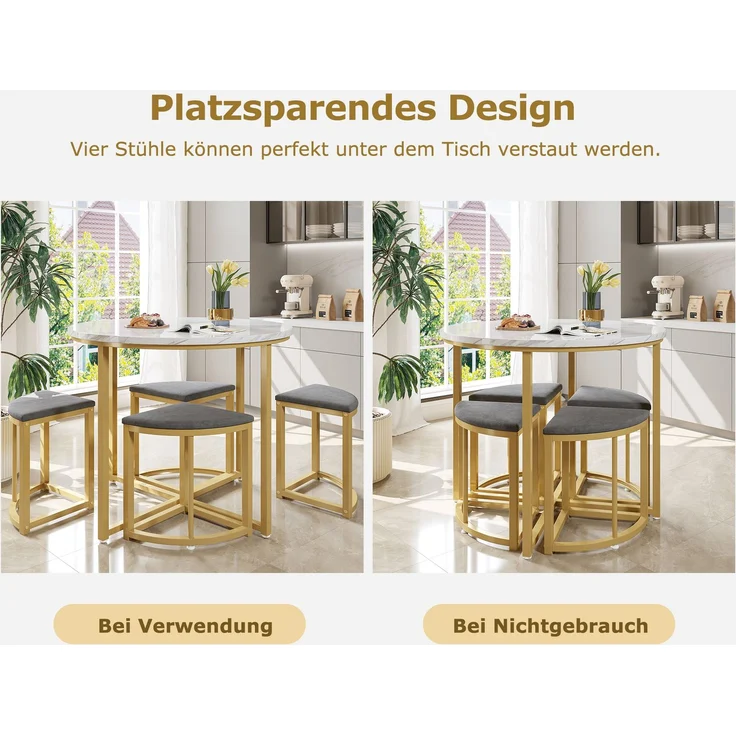 Essgruppe rund 80 cm mit 4 Stühlen, Esstisch Set mit MDF Tischplatte & vergoldetem Metallgestell mit Samtpolster Stühlen – Bild 5