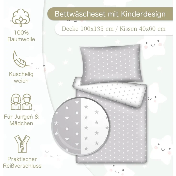 KiGATEX Kinderbettwäsche Kinder Wendebettwäsche 100% Baumwolle 40x60 + 100x135 cm – Bild 2