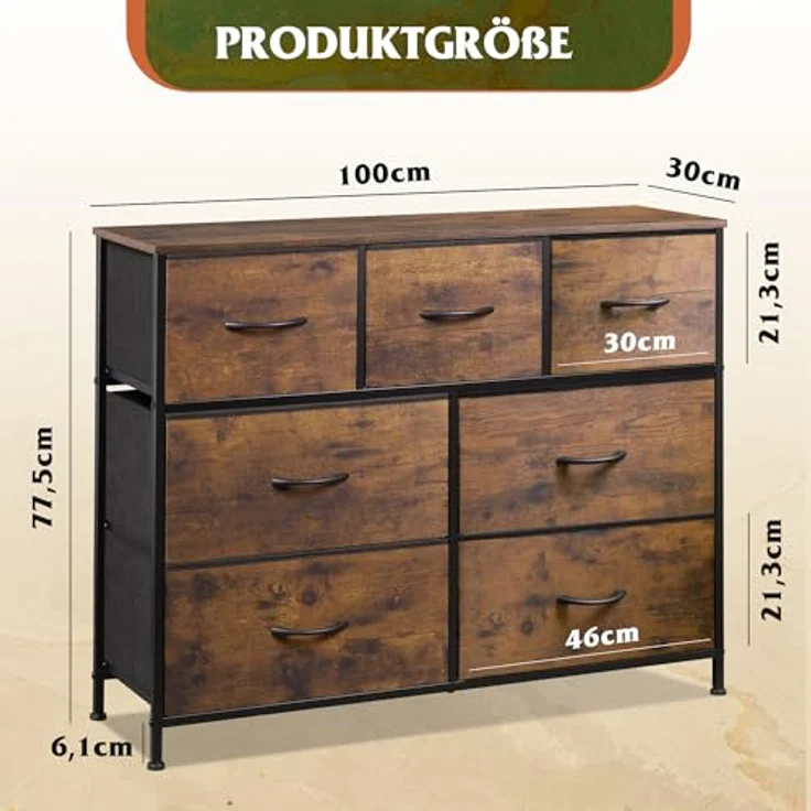 WLIVE Kommode mit 7 Schubladen aus Stoff, Kommodenschrank für Schlafzimmer, Kommode Wohnzimmer, mit Stabiler Stahlrahmen, Vintagebraun-Schwarz – Bild 4