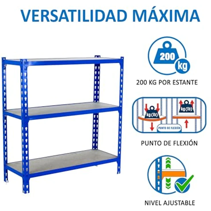 Simon Rack Schwerlastregal, 1000 x 1100 x 400 mm, Bis 200 kg Belastbar, 3 Verstellbare Ablagen, MDF-Platten, Kellerregal, Lagerregal, Blau/Holz - Simonclick – Bild 6