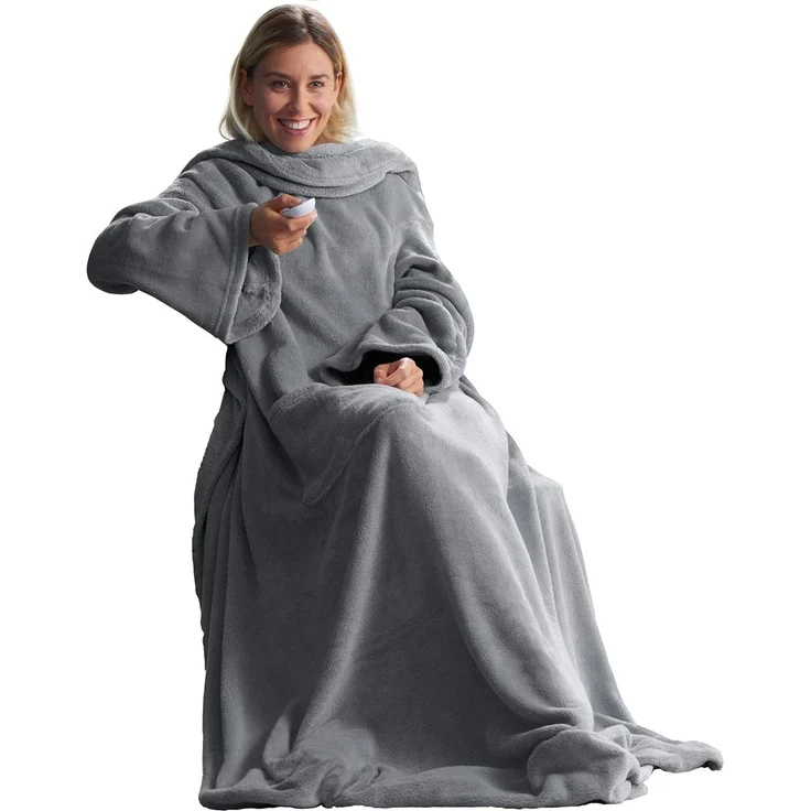 CelinaTex TV-Decke mit Ärmeln und Fußtasche Flauschige Kuscheldecke XL 170x200 cm Silber grau Mikrofaser Fleece Soft Oeko-TEX – Bild 1