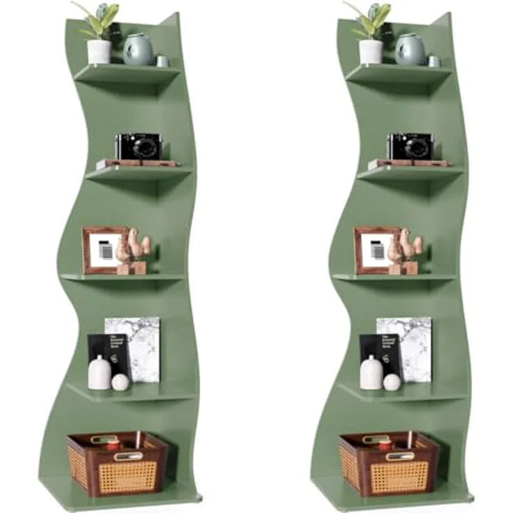 LITTLE TREE Bücherregal Ecke, Modernes Regal Schmal mit 6 Ebenen, 50 x 48 x 179 cm Bücherregal Holz, Standregal mit Wellen-Design für Kleine Räume, Wohnzimmer & Schlafzimmer, Grün, 2er Pack – Bild 2