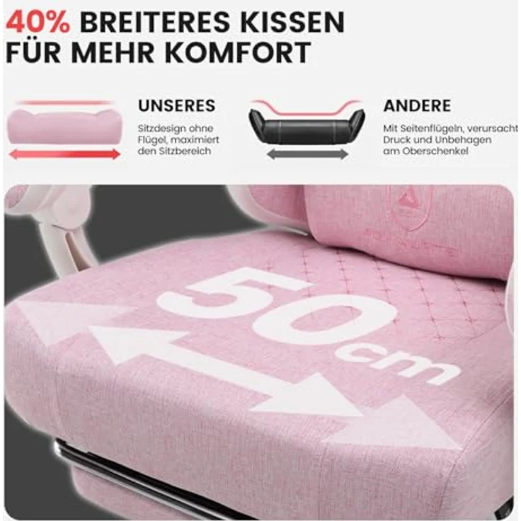 GTPLAYER Gaming Stuhl Stoff, Gaming Sessel mit Taschenfederkissen, ergonomischer Drehstuhl, Gamer Stuhl mit Fußstütze150 kg Belastbarkeit, pink-weiß – Bild 8