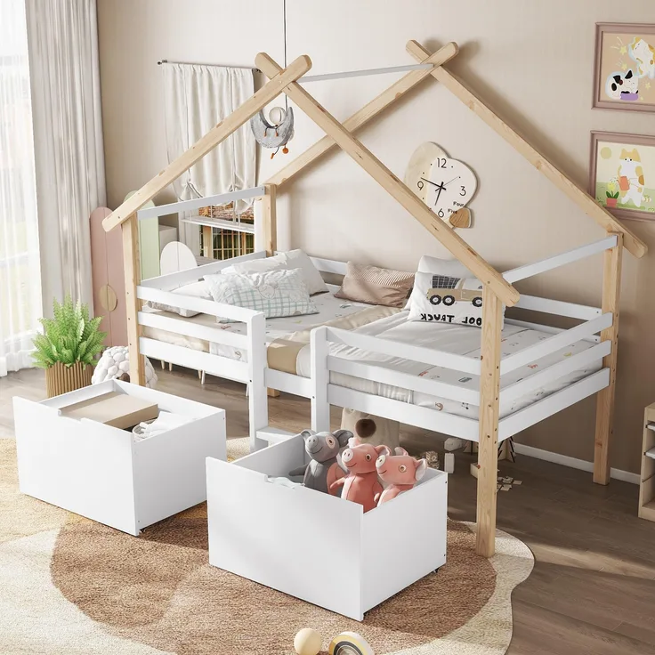 Merax Kinderbett 90x200 cm, Hausbett mit 2 Schubladen & Kleine Leiter, Holzbett mit Rausfallschutz, Dach & Lattenrost, Stabiles Bettenhaus mit Vierseitiger Zaun, Halbhohes Bett für Mädchen/Jungen, Weiß