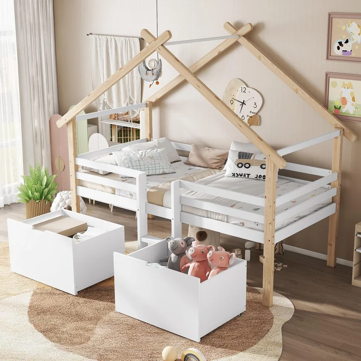 Merax Kinderbett 90x200 cm, Hausbett mit 2 Schubladen & Kleine Leiter, Holzbett mit Rausfallschutz, Dach & Lattenrost, Stabiles Bettenhaus mit Vierseitiger Zaun, Halbhohes Bett für Mädchen/Jungen, Weiß