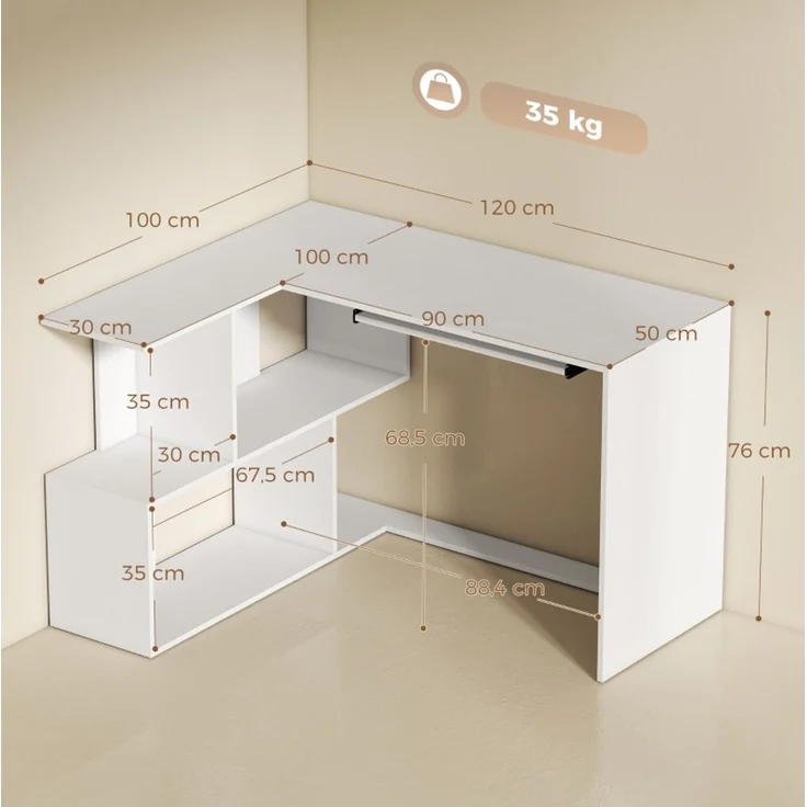 Eckschreibtisch mit Tastaturauszug und 4 Ablagefächern, 120x100x76 cm, Weiß – Bild 4