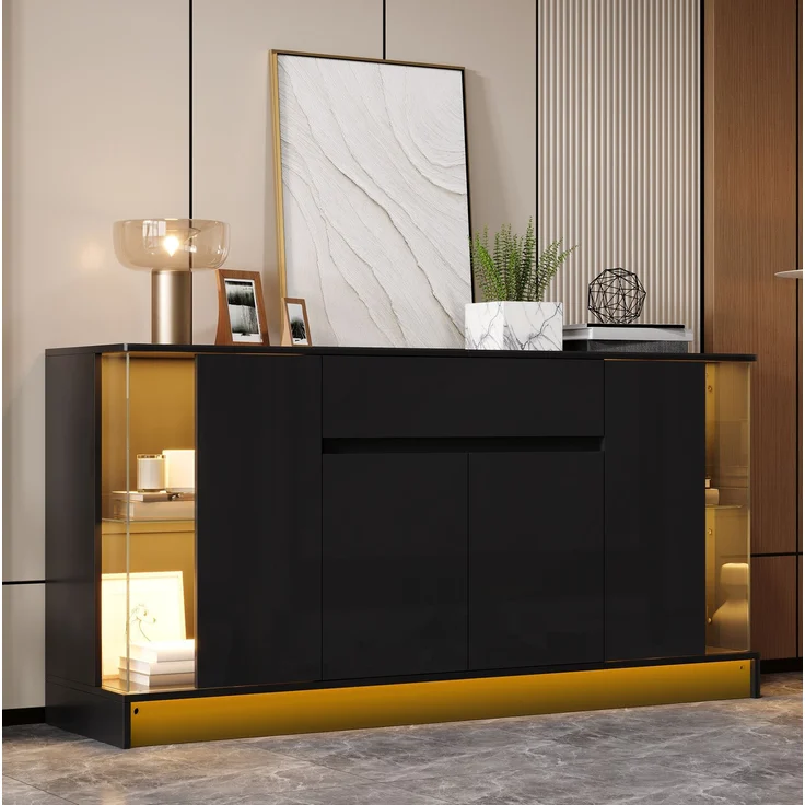 DESVIAE Sideboard Schwarz aus Spanplatte – 150x75x40 cm – LED-Beleuchtung, Glasvitrinen, Schublade – Bild 1