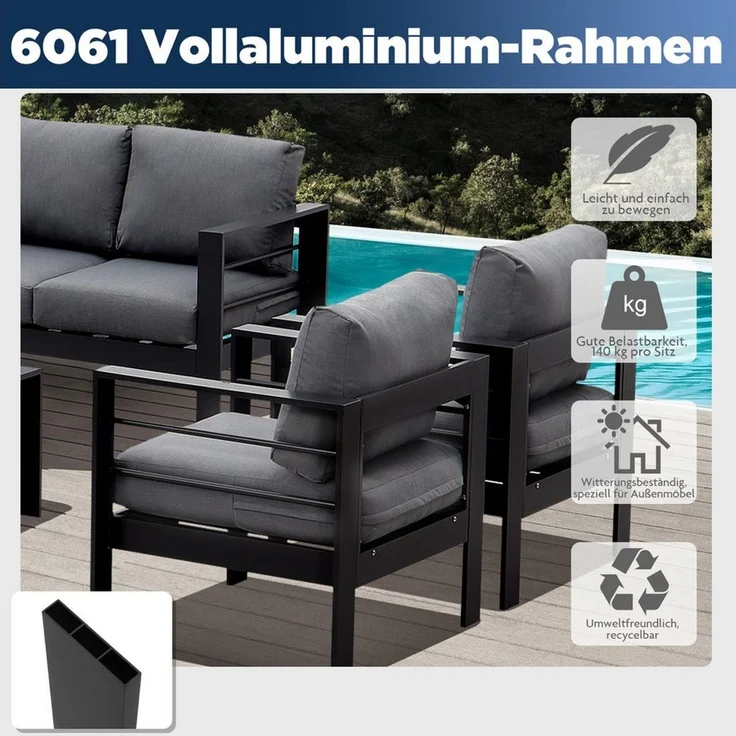MeXo Loungesofa Gartensofa für Balkon 2 Sitzer Aluminium outdoor wetterfest, 12cm Deluxe Relax-Sitzkissen, Belastbarkeit pro Sitzplatz 140kg, 128×65×66cm luxus Balkonecke, lounge sofa draußen Alu – Bild 3