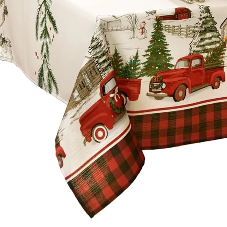 Elrene Home Fashions Vintage Christmas Tree Farm Tischdecke, Polyester, Mehrfarbig, 60"x84" Rectangle (Tablecloth)