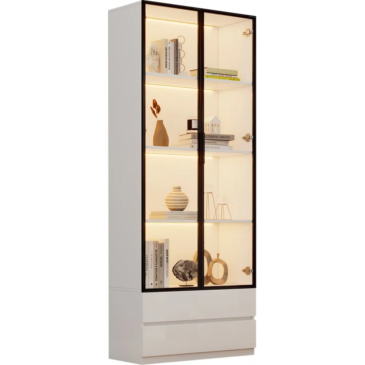 DESVIAE Regal-Vitrine Weiß aus Spanplatte – 80x200x34 cm – LED-Beleuchtung, 2 Schubladen – Bild 6