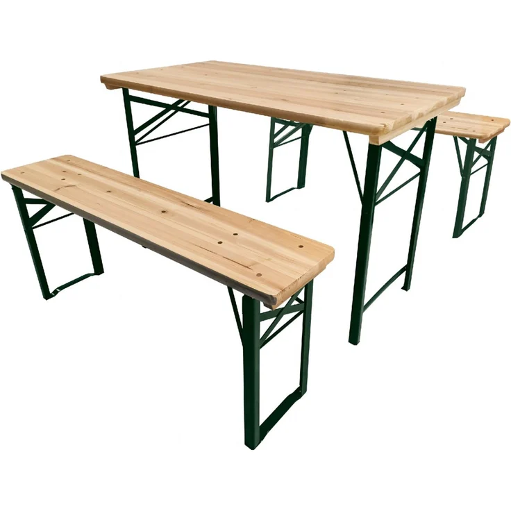Bierzeltgarnitur 3-teilig, UV-beständig, Fichtenholz natur / Stahl grün, 110 x 60 x 70 cm