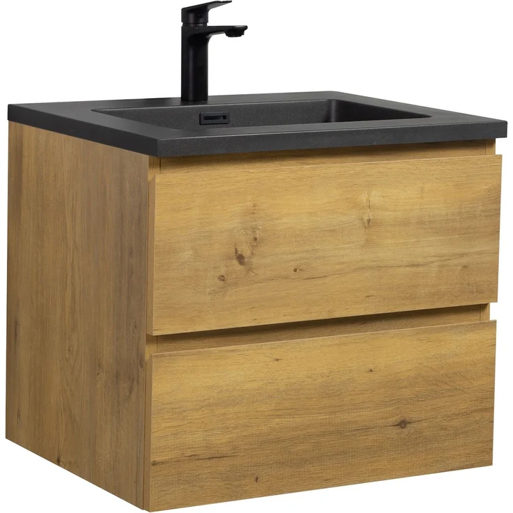 Badplaats Badmöbel Set mit Waschbecken und Unterschrank Angela 60 x 48 cm Eiche - Waschbeckenunterschrank mit Soft-Close und Schwarze Waschbecken, Vorgemontiert – Bild 1