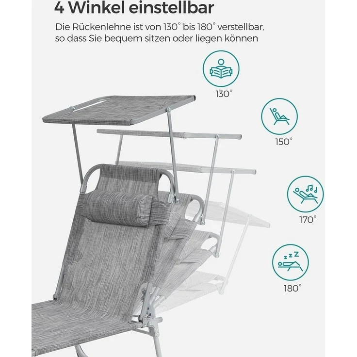 Songmics Gartenliege klappbar, mit Kopfstütze und verstellbarer Rückenlehne, 2x Sonnenliege, mit Seitentasche, Hellgrau, 53 x 193 x 29 cm – Bild 2