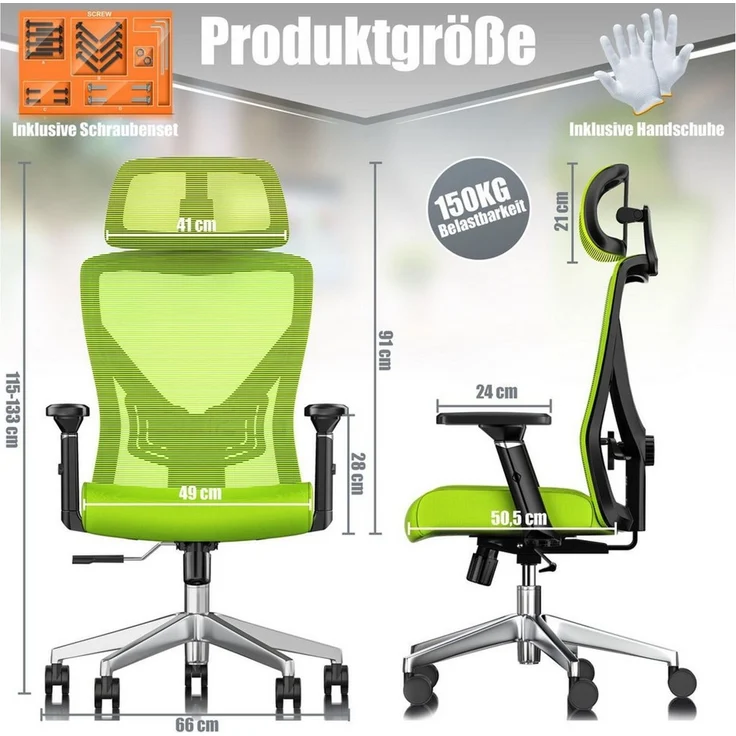KESSER® Bürostuhl mit verstellbaren Armlehnen | Drehstuhl mit Lendenwirbelstütze Rückenschonend | Schreibtischstuhl ergonomisch mit Kopfstütze | Office Chair Wippfunktion bis 125° mit 5x Gummirollen Grün / Silber – Bild 3
