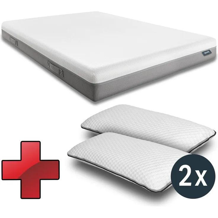 Viskoelastik-Matratze Sleezzz Premium 180 x 200 cm, Höhe 20 cm, Härtegrad H2/H3, mit Wendegriffen + 2 x Sleezzz® Smart höhenverstellbares Kissen