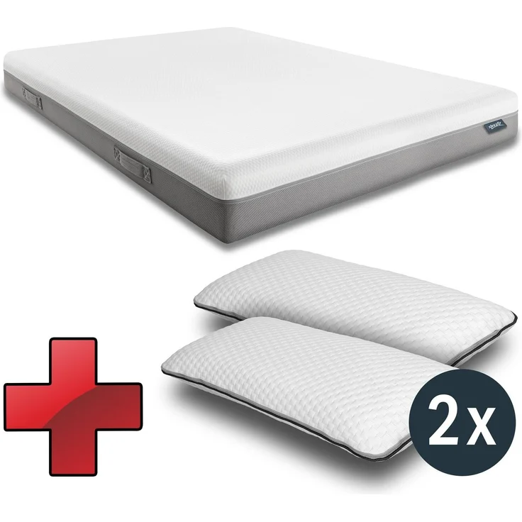 Viskoelastik-Matratze Sleezzz Premium 180 x 200 cm, Höhe 20 cm, Härtegrad H2/H3, mit Wendegriffen + 2 x Sleezzz® Smart höhenverstellbares Kissen