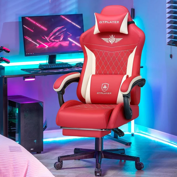 GTPLAYER Gaming Stuhl, Ergonomischer Gamer Stuhl aus PU-Leder mit Lendenwirbelstütze, PC-Stuhl mit verbreiterter Rückenlehne, Belastbar bis 150 kg, Rot – Bild 2
