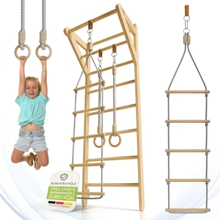 Juskys Sprossenwand für Kinder - mit Klimmzugstange, Indoor Klettergerüst mit Turnringen und Strickleiter, Kletterwand fürs Kinderzimmer, Turnstange – Bild 2